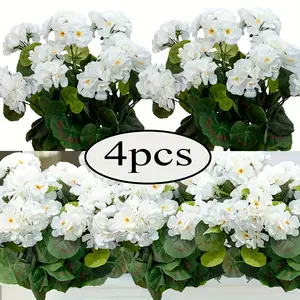New UV-resistant white geranium artificial flowers - 4 blooming geraniums, suitable for indoor and outdoor decoration, gardens, weddings, Mother's Day, Father's Day, and June festival home center displays