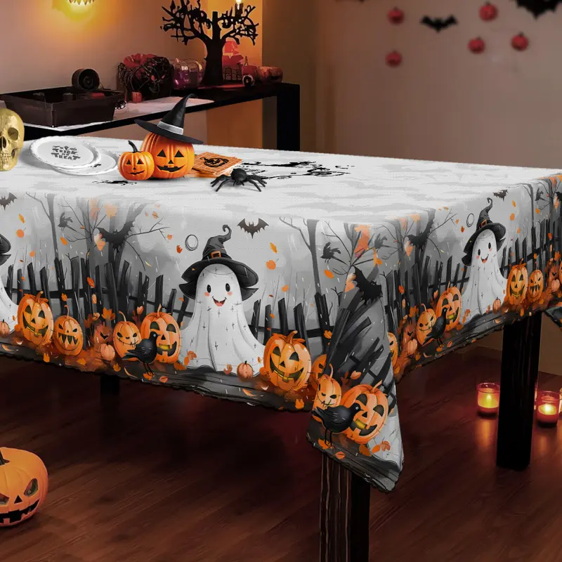 Halloween Aesthetic Dia De Los Muertos Retro Ghost Print Polyester Rectangle Tablecloth - Machine Washable for Indoor, Outdoor Party Dining Decorations