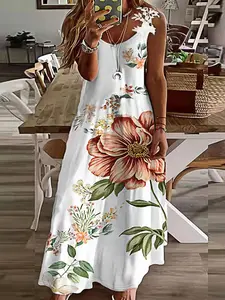 【Plus Size】 Soft Floral Print Sleeveless Fitted Dress, Casual Fashionable Dress for Daily Holiday Vacation Wear, Women Plus Clothing for Summer, Womenswear