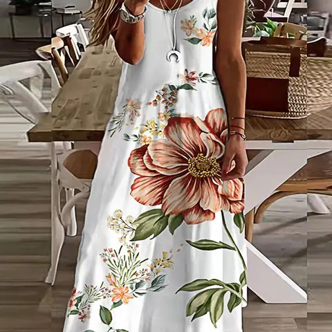 [Plus Size] Soft Floral Print Sleeveless Dress, Floral Prints Dress, Casual Fashionable Womenswear Dress for Daily Holiday Vacation Wear, Women Plus Clothing for Summer