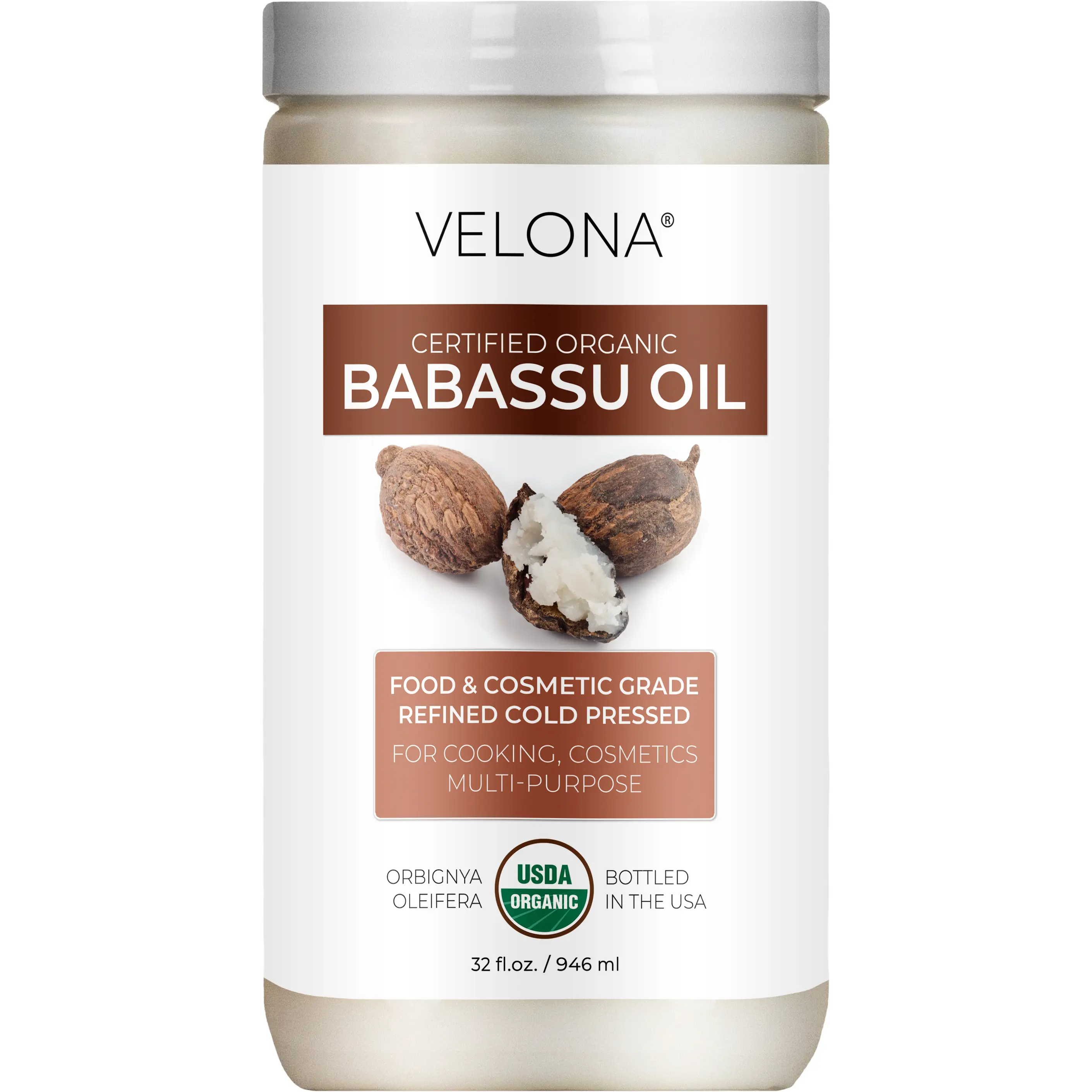velona Babassu Oil USDA Certified Organic - 32 Fl Oz | 100% Pure and Natural Carrier Oil | Refined, Cold Pressed | Face, Hair, Body & Skin Care and Cooking