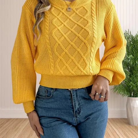 Women's Cable Knit Drop Shoulder Soft Sweater Tops, Basic Casual Fit Long Sleeve Round Neck Jumper for Fall & Winter, Fashion Ladies' Knitwear for Daily Wear