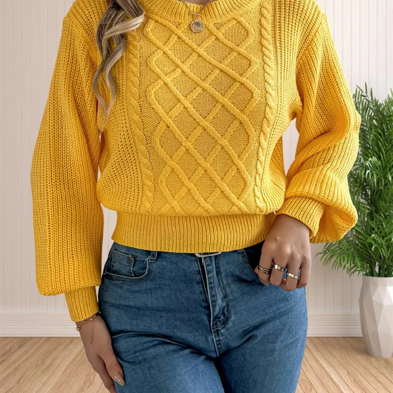Women's Cable Knit Drop Shoulder Soft Sweater Tops, Basic Casual Fit Long Sleeve Round Neck Jumper for Fall & Winter, Fashion Ladies' Knitwear for Daily Wear