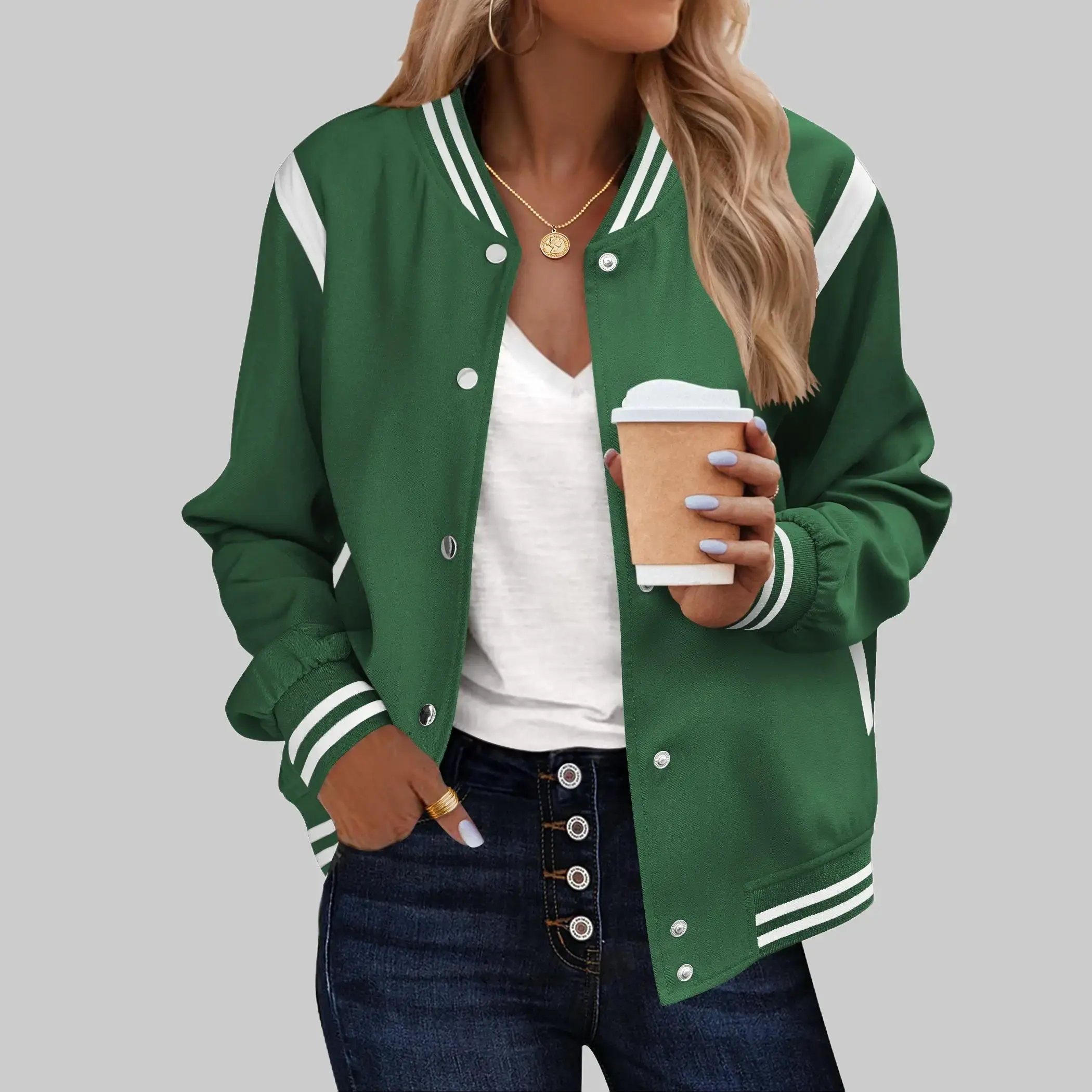 ZEAGOO Bomber Jacket Women Varsity Casual Button Down Outfits with Pockets Lightweight 2026 Fall Fashion Short School Outfit Long Sleeve Cute Tops Trendy Outerwear Daily Wear Sport Active Going Out