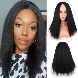 Kinky Straight Wig Black Bob Wig 18 Inch Light Yaki Straight Short Glueless Bob Wig 180% Density Middle Part Shoulder Length Synthetic Hair Wigs for Black Women