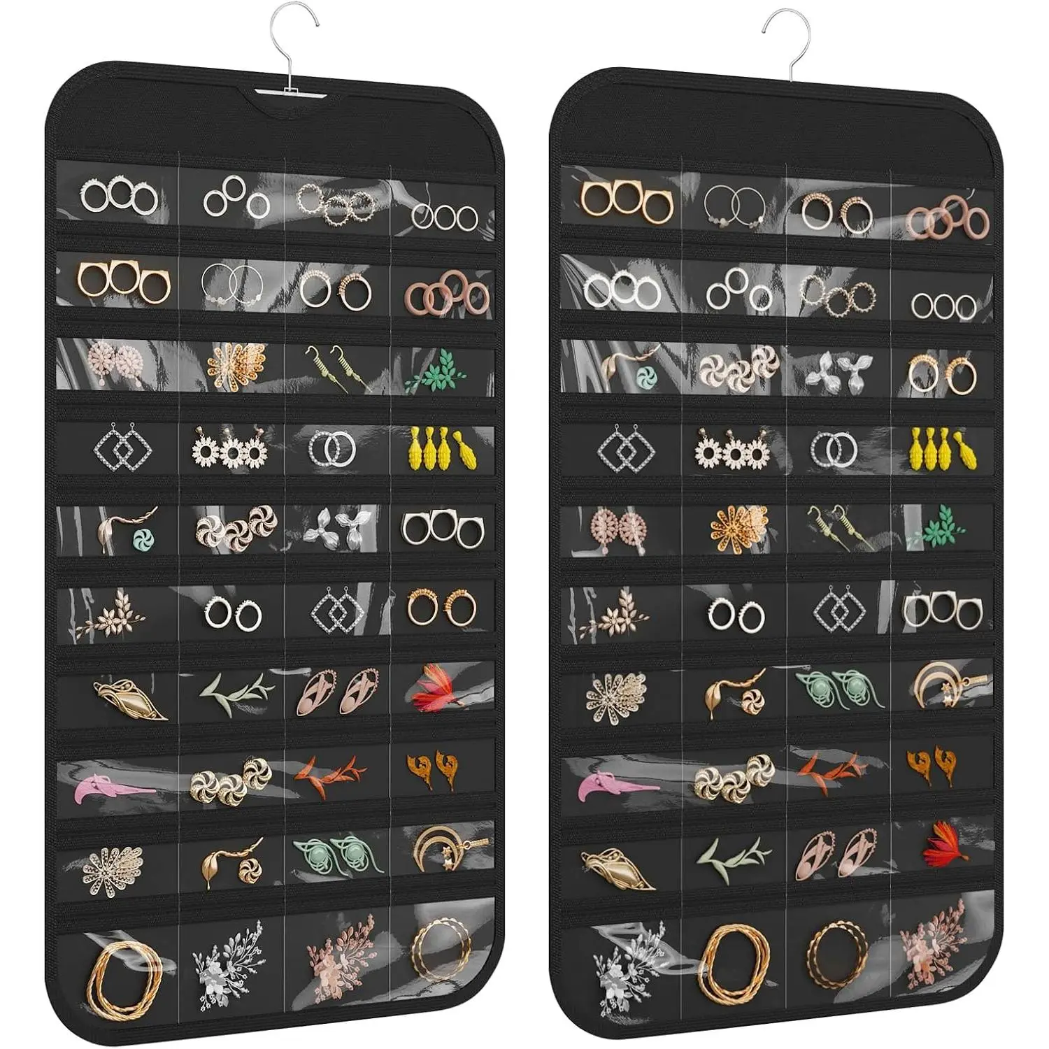 Black Hanging Jewelry Organizer - 80-Pocket Dual-Sided Accessory Holder for Necklaces, Earrings, Bracelets