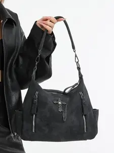 Niche dark style cross chain decorated handbag messenger bag, personalized creative design  Gothic style shoulder messenger small square bag, fashionable and versatile, suitable for daily travel, shopping, etc. Embellished shoulder bag Chain Crossbody Bag