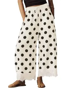 Women's Long Pants, Womenswear, Bottoms, Lace Patchwork, Asymmetrical Hem, Elastic Waist, Polka Dot Print, Wide Leg, Casual Summer Fashion
