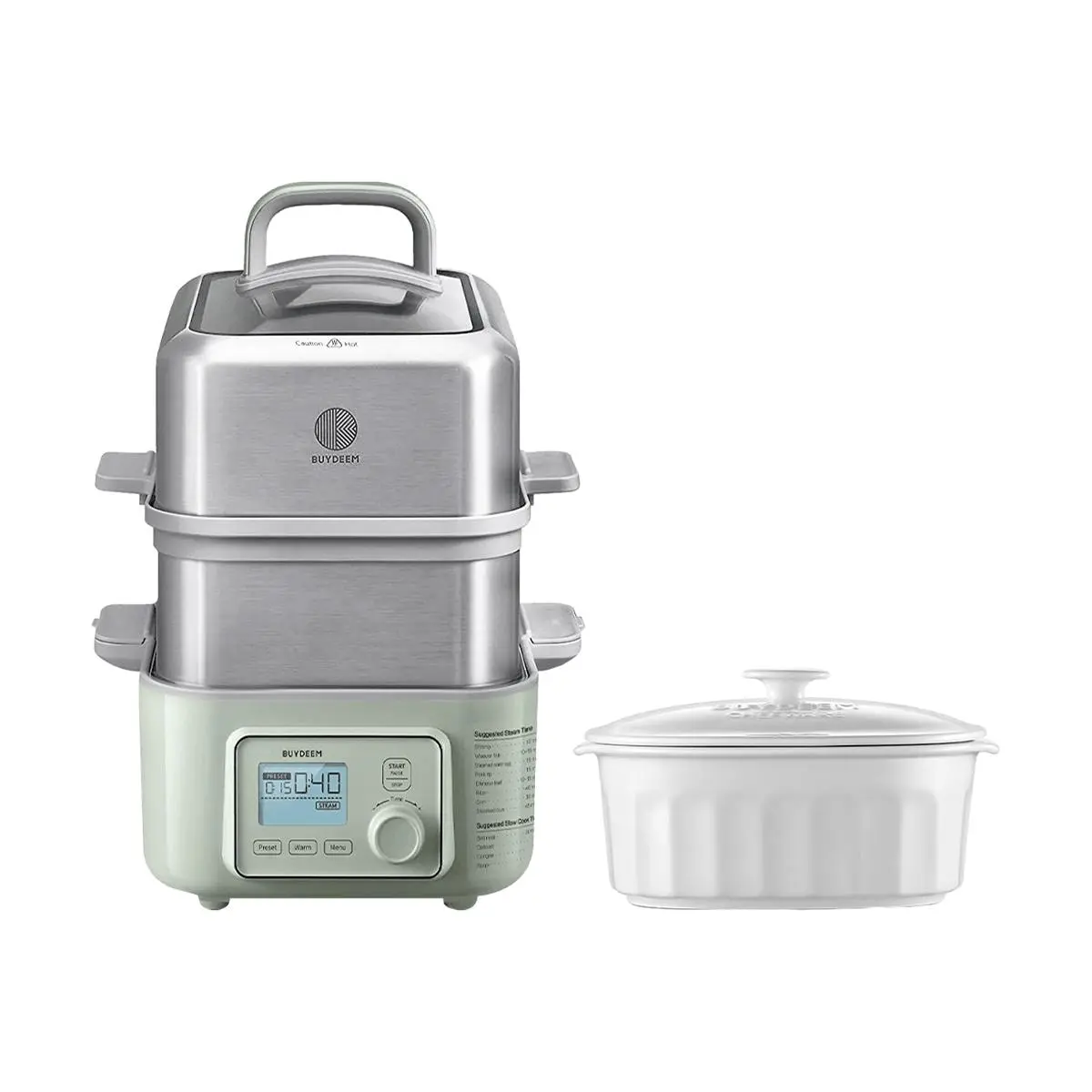 BUYDEEM G563 10L Electric Steamer Cooker with 2L Ceramic Stew Pot - Double Layer Multi-functional Food Steamer for Cooking, Stewing, and Steaming