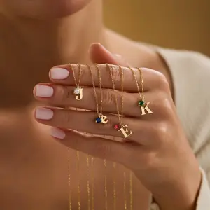 AS132 Personalized Tiny Initial Birthstone Letter Necklace Minimalist necklace, Birthday Gift For Her