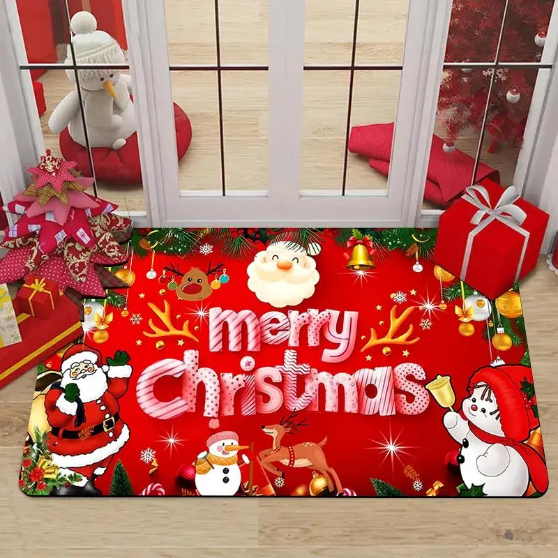 1 piece of Christmas Santa Claus pattern crystal velvet floor mat, door mat, decorative mat, comfortable standing mat, living room bedroom area mat, h