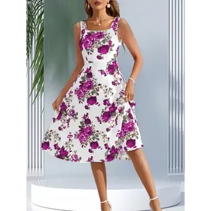 Women's Sleeveless Square Neck A-Line Dress - Blue Floral Print on White, Machine Washable Spring/Summer Dress with Moderate Stretch, Elegant A-Line Silhouette for Casual & Formal Occasions, Spring Fashion, Summer Outfit, Comfortable Fit, N