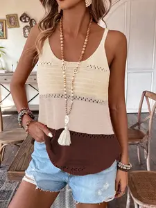 Women's Sleeveless Colorblock Open Front Vest, Round Neck Knitted Crochet Top, Casual Backless Shirt, Comfortable Daily Wear