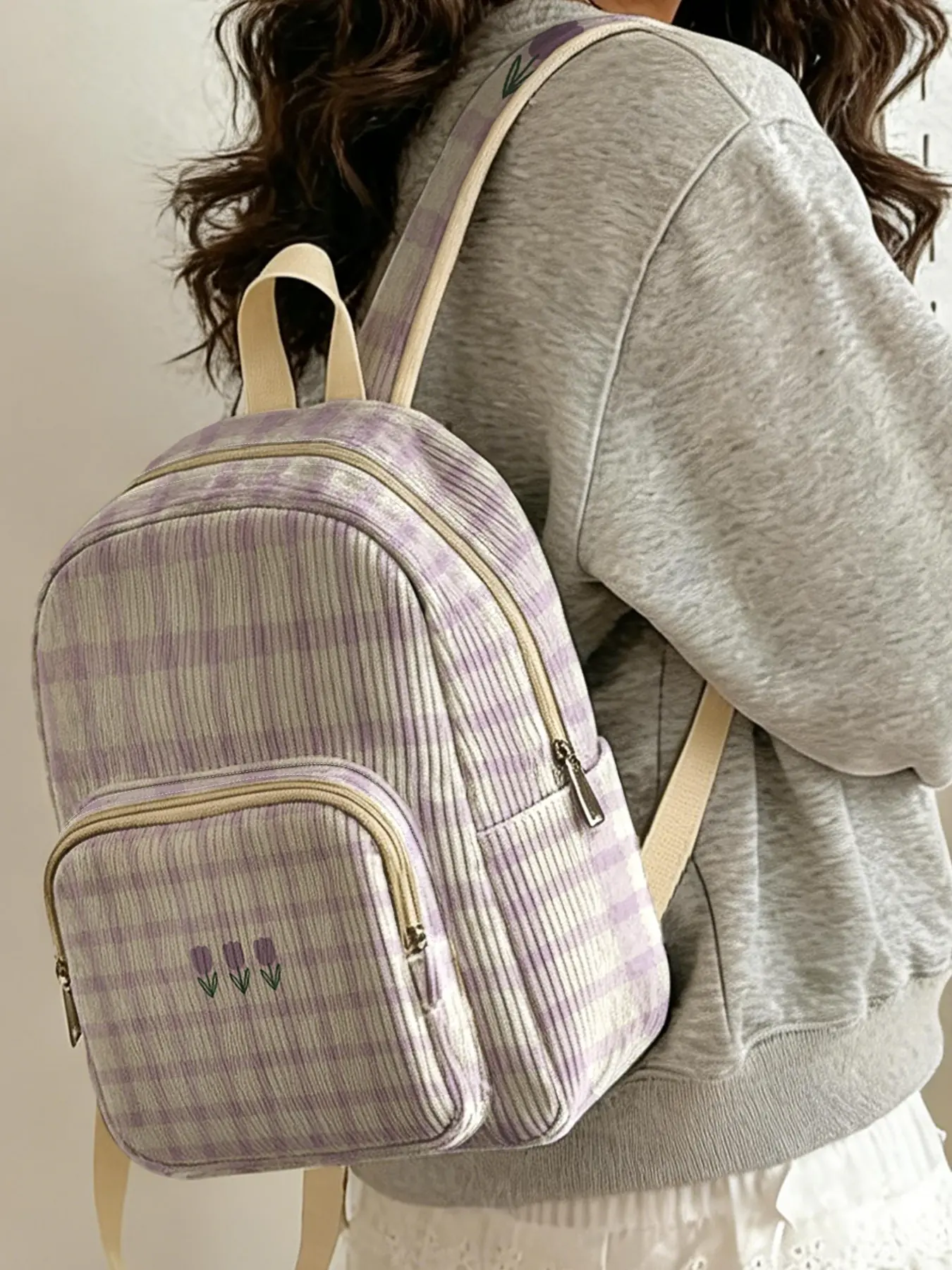 1 piece of gingham tulip pattern 2D printed lady's backpack, corduroy texture + layered storage + light weight reduction | perfect for students going to class/shopping/short trips | combines atmosphere with practicality