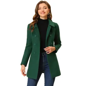 INSPIRE CHIC Women's Peter Pan Collar Double Breasted Long Trench Winter Pea Coat Dark Green Small