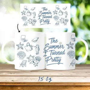 The Summer I Turned Pretty 15oz Ceramic Mug with Beach & Summer Vibes Design Featuring Seashells and Starfish. Coffee mug