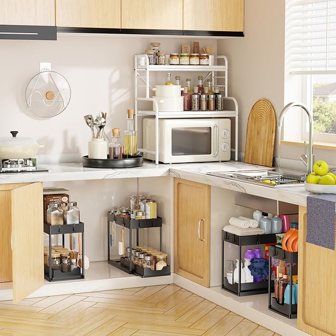 2 Pack Under Sink Organizer 2-Tier Under Shelf Organizer for Kitchen Bathroom Black Storage Solution