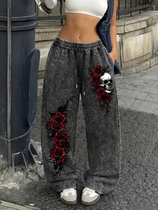 Women's Vintage Street Dark Style Skull Rose Print Pants, Straight Loose Fit, Soft Comfortable, Fashion Casual Streetwear, Floral