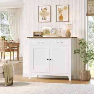 HOSTACK Kitchen Storage Cabinet, Modern Farmhouse Buffet Cabinet with Storage, Coffee Bar with 2 Drawers and 2 Doors, Floor Sideboard Buffet for Living Room, Dining Room, Bathroom, Ivory White