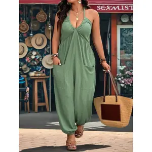 【Plus Size】 Solid Color Pocket Jumpsuit, Casual Sleeveless Jumpsuit for Daily Wear, Women's Plus Clothing for All Seasons