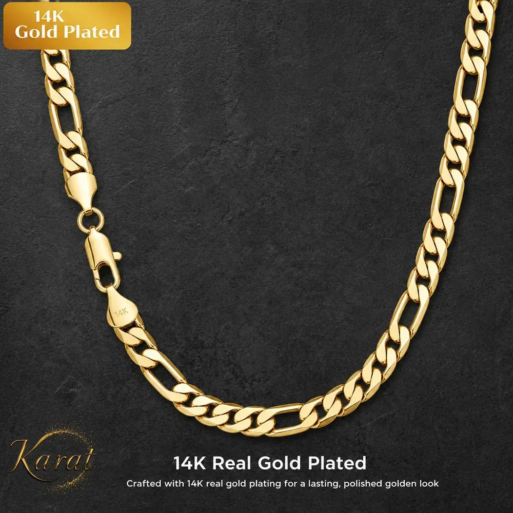 14K Gold-Plated Figaro Chain – Widths: 2/2.5/4/6.5/8/9/10/12mm – Lengths: 20/24 Inches – Unisex – Jewelry Gift – Couples' Accessory Classic Figaro Chain Gold Chain Detail