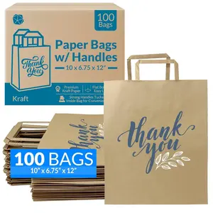 Brown Paper Bags w/Handles | 100 count Bulk | 10"x6.75"x12" | Paper Thank You Bags,  | Printed | Shopping, To Go, Thank You Gifts, Wedding | 25% Larger Than 10"x 5"x13"