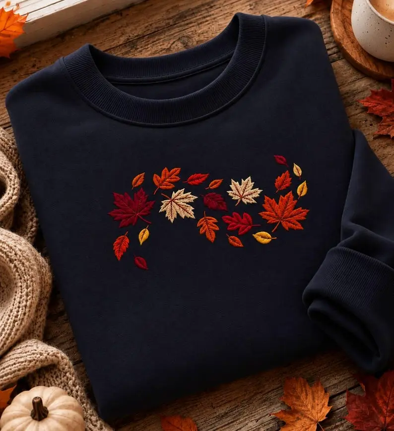 Embroidered Autumn Leaves Sweatshirt, T-shirt, And Hoodie, Cotton Apparel With Colorful Fall Foliage And Maple Leaves Graphic, Comfortable Casual Clothing For Autumn Season