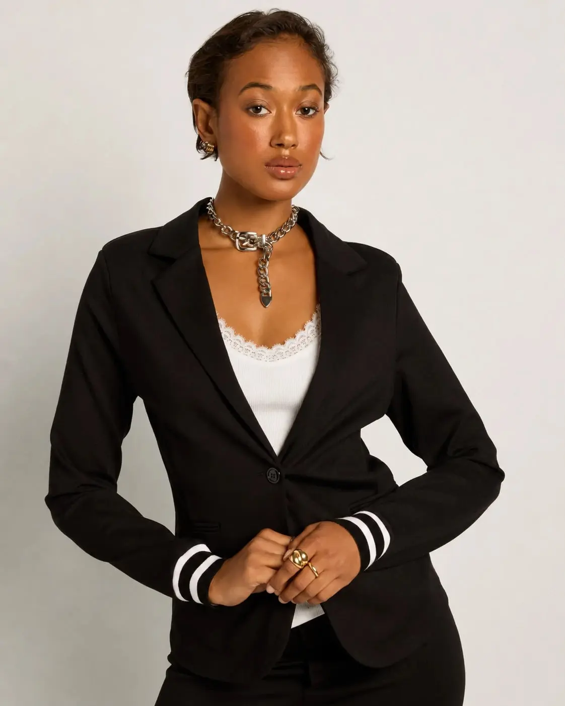 Women's Stripe Fitted Sporty Button-Front Abigail Ribbed Cuff Blazer