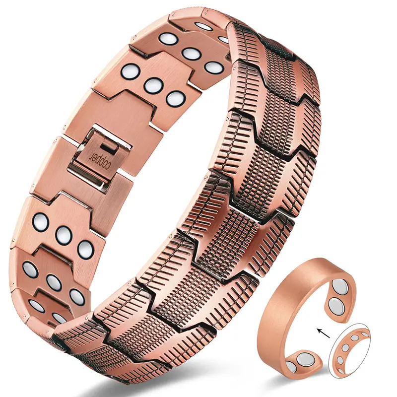 VICMAG Men's Pure Copper Classic Bracelet & 9-Magnet Ring Set, Adjustable Triple Row 3X Strength Jewelry, Birthday/Fathers' Gift, Copper Rings Embedded Magnets Bracelets & Bangles
