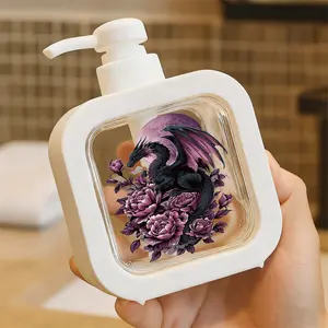 Creative Bathroom Dispenser with Hand Pump - Mythical Black Dragon with Purple Accents, Sleek Scaly Body, Sharp Features, Set Among Vibrant Purple Roses & Deep Purple Leaves, Pale Purple Moon Background, Dramatic Purple & Black Color Palette, Frame