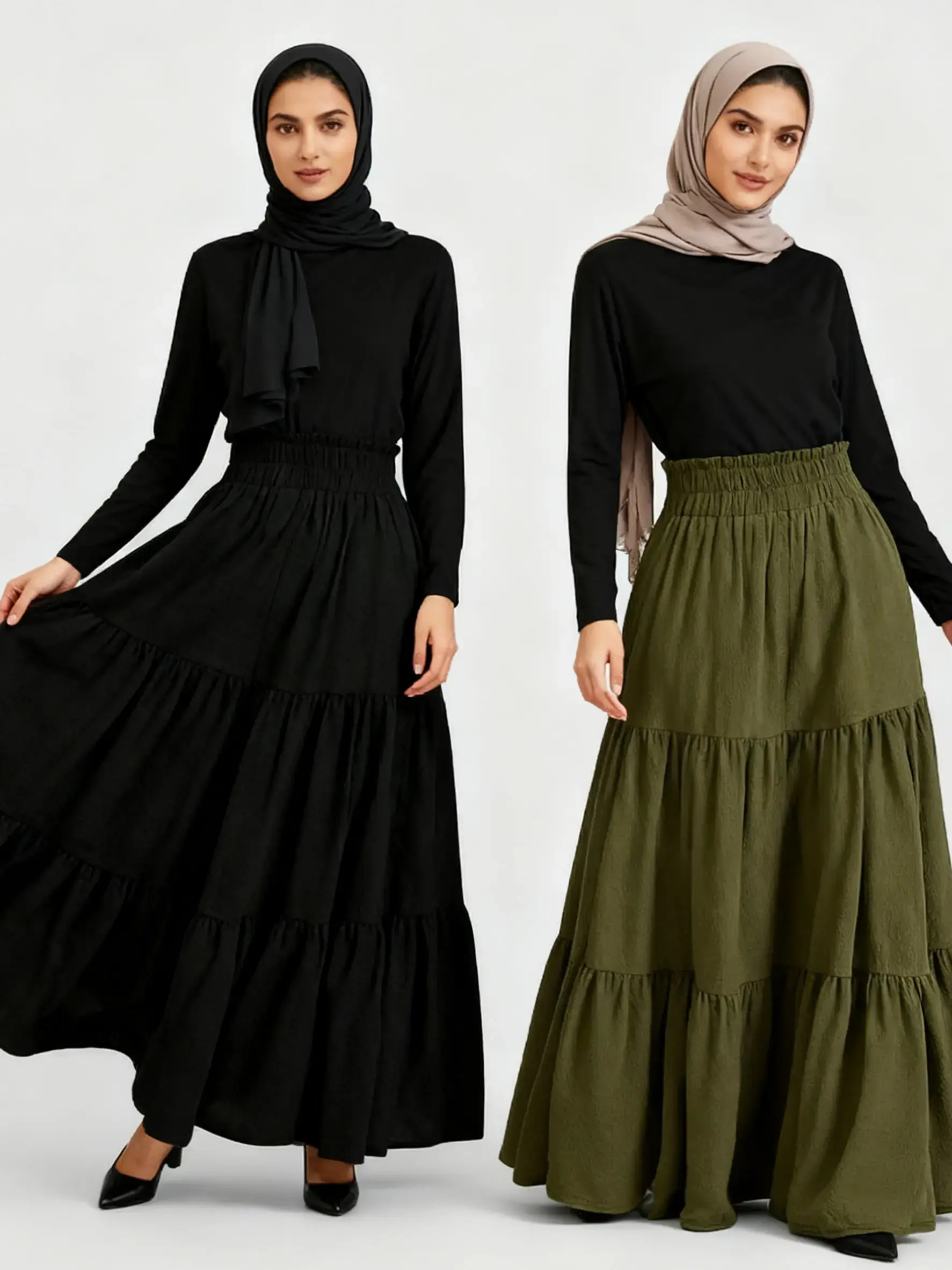 Women's 2 Piece Set, Matching Set, Set Outfit, Casual Fitted Long Skirt with Layered Ruffles, Thin Woven Fabric, Plain Pattern, All Seasons Wear, Two Piece Set Women