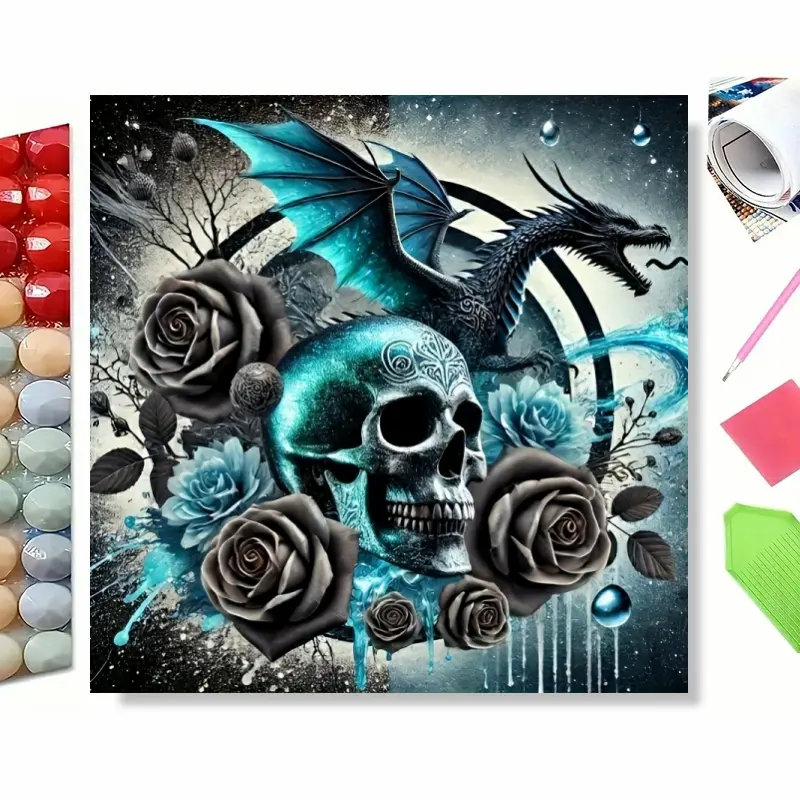 Gothic Dragon with Skull and Black Roses Diamond Painting Kit for Adults, 5D Full Drill Art with Dark Fantasy Theme, Blue & Black Color Scheme, Home Wall Decor, Halloween & Festival Crafts, Handicraft