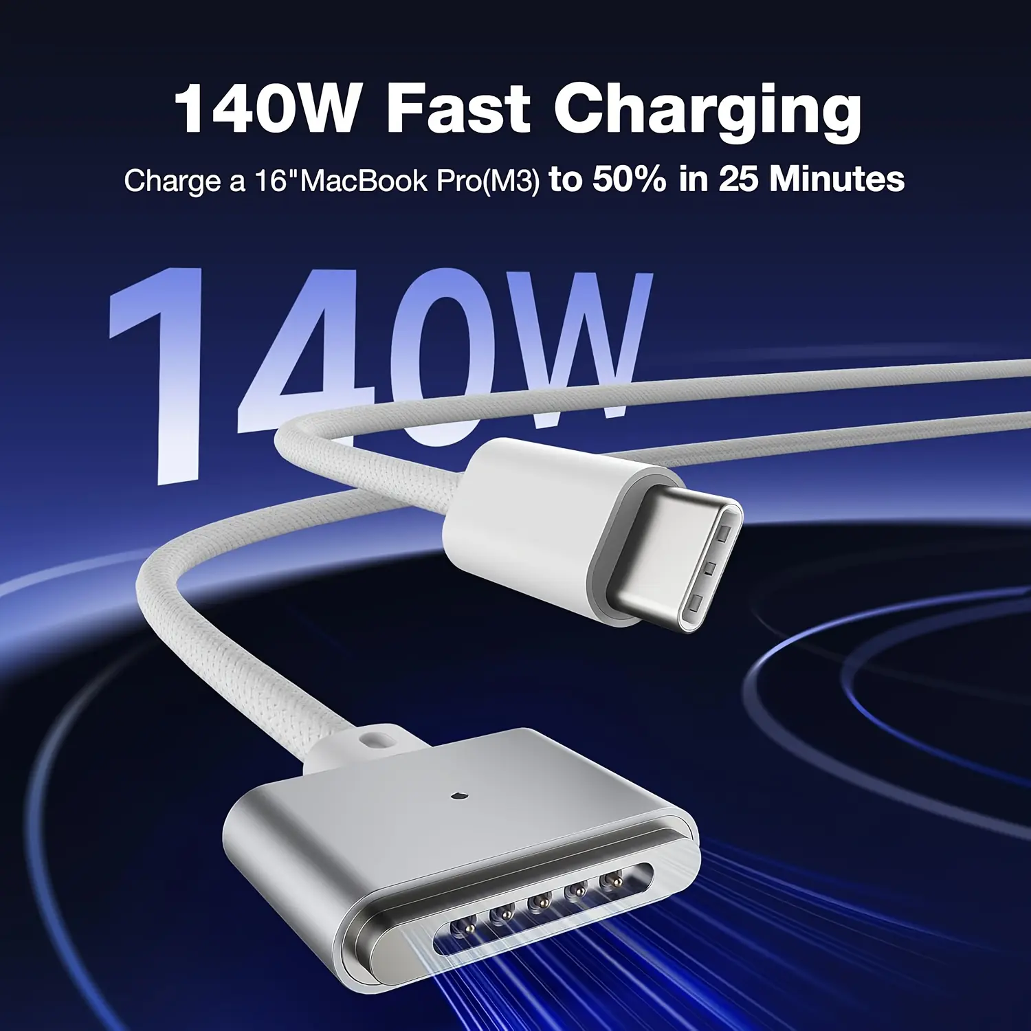 140W USB-C to Magnetic 3-in-1 Charger Cable with USB Port Adapter, 6.6ft Nylon Braided Cord for 13/15-in Air, 14/16-in Pro Laptops, Strong Magnetic Hold, Fast Charging, Stable Power Output, 14/16-Inch Pro Laptops