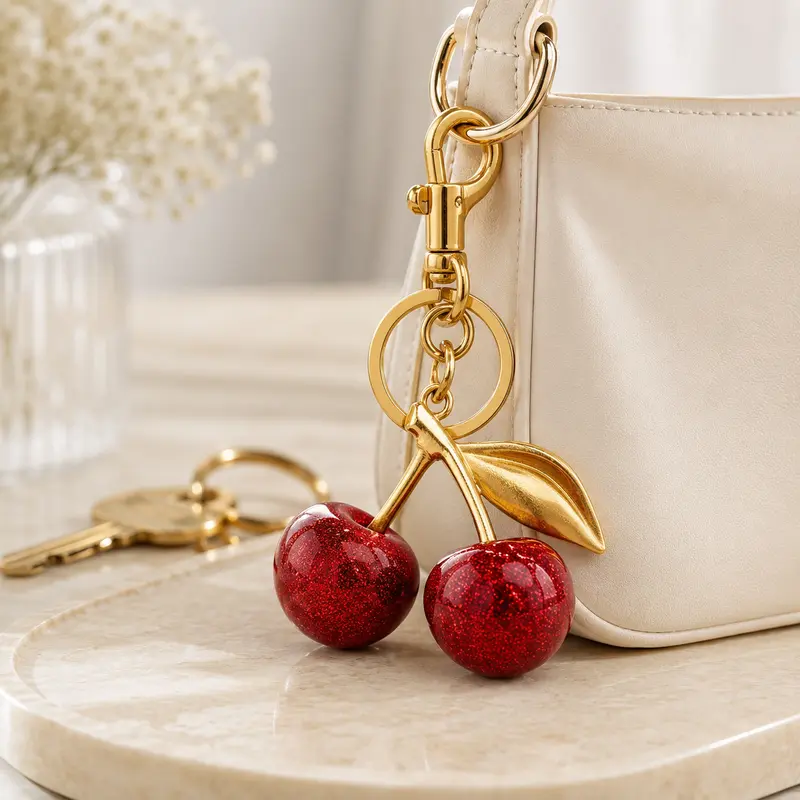 Cute Cherry Keychain for Women | Leather Key Ring Bag Charm | Adorable Purse/Car Key Accessory | Sweet Add-On for Your Essentials