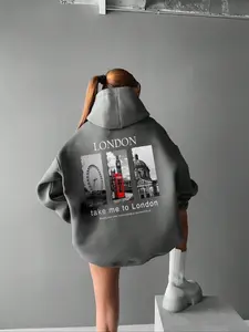 Women's London Street Letter Print Hoodie, Casual Loose Fit Pocket Sweatshirt, Fashion Outdoor Daily Wear, Spring Fall Soft Hooded Top
