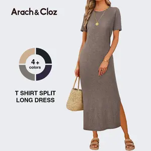 Arach&Cloz Womens Summer Wool Blend T Shirt Maxi Long Dress 2026 Spring Casual Short Sleeve Crew Neck Slit Knit Texture SpringStatements