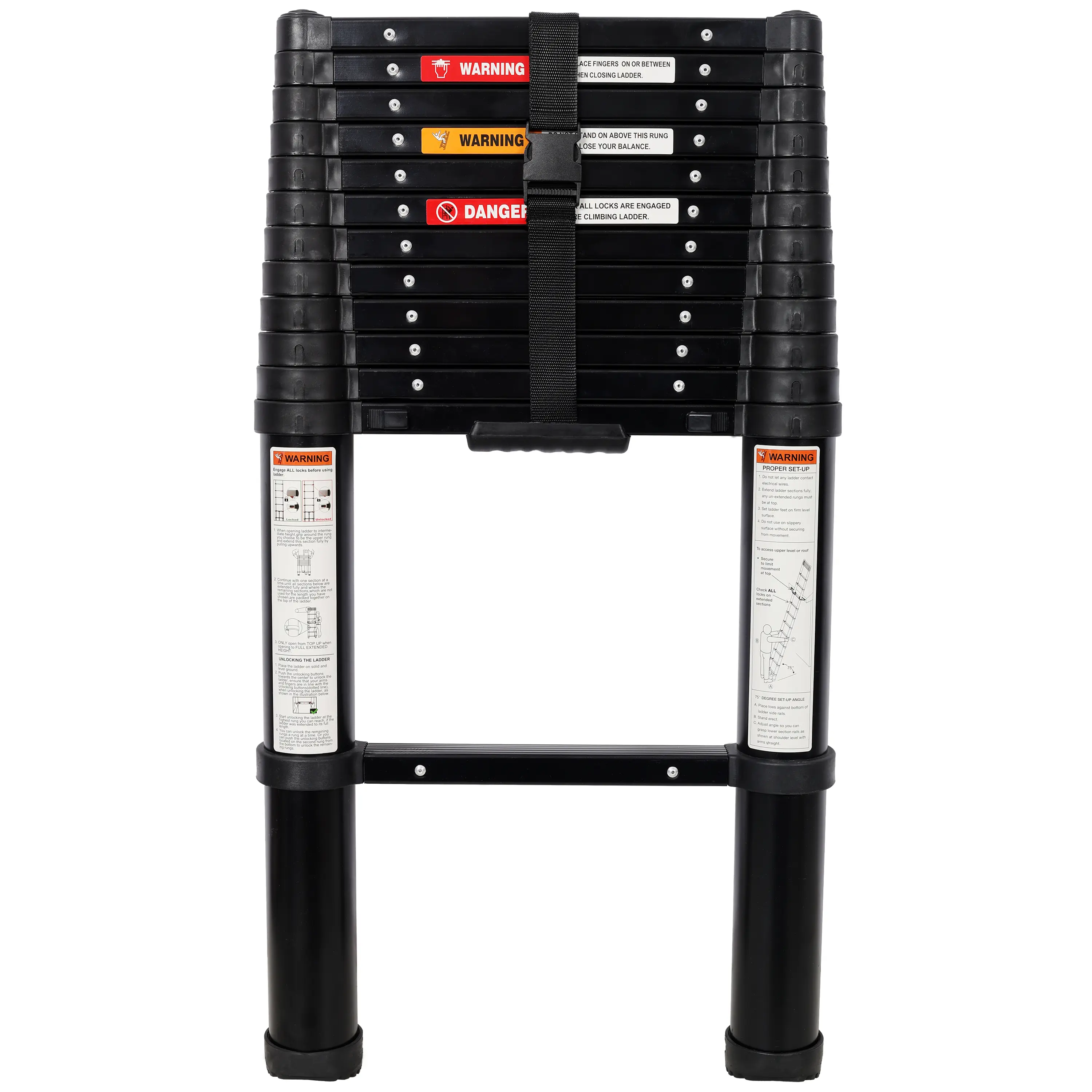 DONEXT Black Adjustable Aluminum Telescopic Extension Ladder, 3.6ft–12.5ft Length, Foldable Compact Frame, 330 LBS Max Load, Slow-Close Safety Lock, Anti-Slip Feet, for Camping, High Outdoor & Indoor Home Improvement Projects