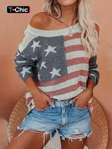Women's Flag Print Drop Shoulder Crew Neck Knit Top, Casual Long Sleeve Round Neck Knitwear for Spring & Fall, Ladies' Fashion Knit Clothing for Daily Wear