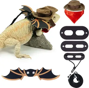 Bearded Dragon Leash Bat Wings Hat Costume Set, Adjustable Cowboy Hat Lizard Leash Harness (S/M/L 3 Pack) for Reptile Lizard Leopard Gecko Holiday Party Accessories