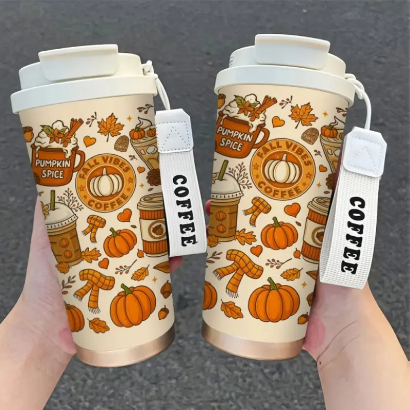 18oz Stainless Steel Coffee Cup - Single Mug with Pumpkin Latte Design, Spillproof Lid, Comfortable Handle, Durable Kitchenware Drinkware for Home & Office Daily Use