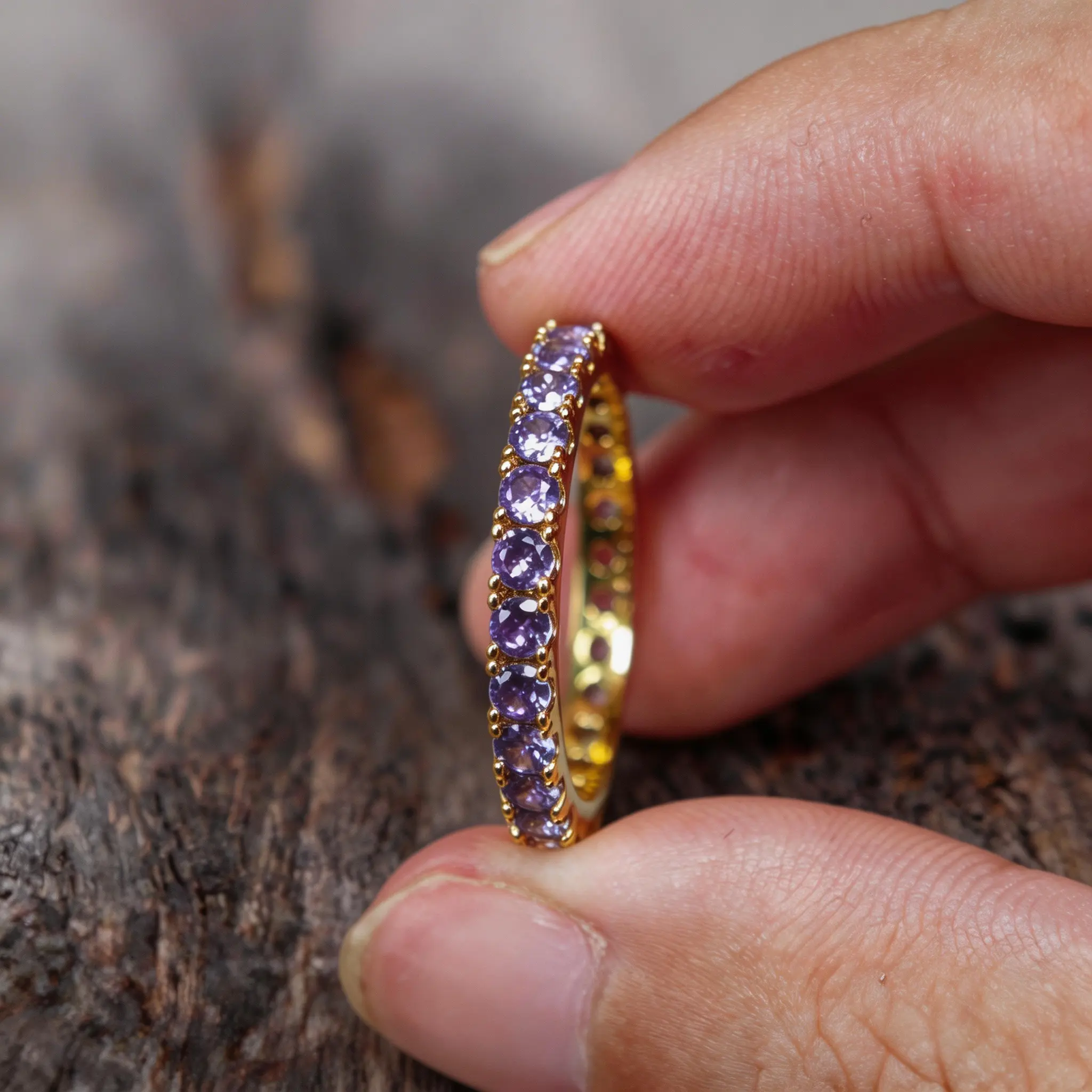Female Metal-Coated Stackable Birth Stone Ring - Women's February Amethyst Daily Costume Jewelry Accessory