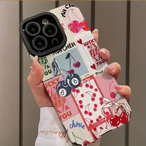 Cherry & Heart Pattern Phone Case, Cute Phone Protective Cover, Phone Accessory Compatible with iPhone 16 15 14 13 12 11 Plus Pro Max, Casing