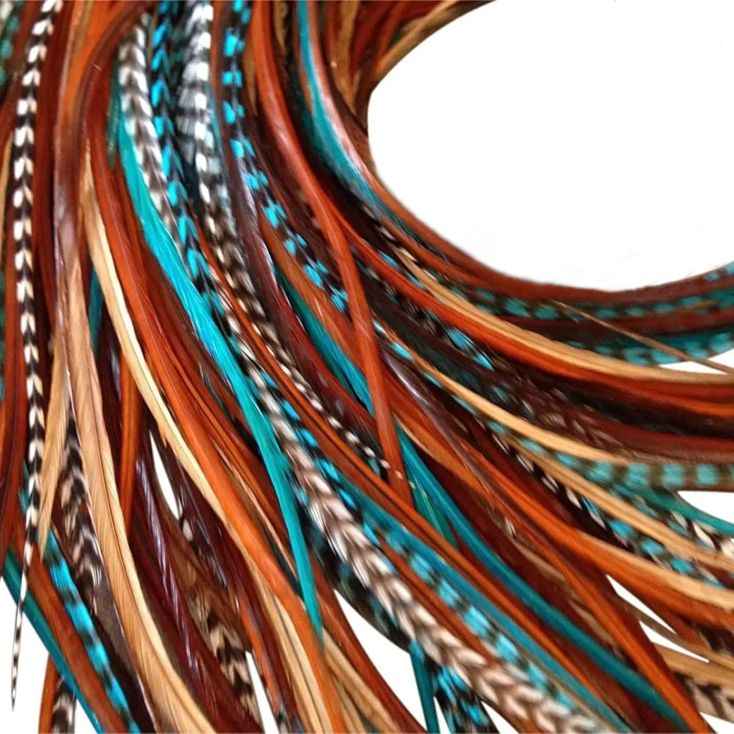 Synthetic Colored Hair Extensions Kit - Long Rooster Feather Hair Extensions with DIY Microlink Beads, Loop Tool, Western Turquoise Blue and Brown Shades