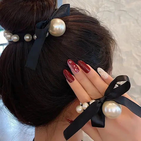 Faux Pearl Decorated Bow Decorated Hair Tie, Simple and Elegant High Stretch Ponytail Holder Elastic Hair Ties Ponytail Holders Hair Accessories for Women, Elastic Hair Accessory, Hair Bows