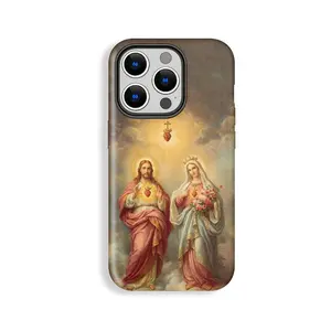 Stylish Sacred Heart of Jesus and Mary Cross Economy Crown Religious Pattern Phone Case, Double Shell Anti-drop, Wear Resistant, Phone Case Suitable for Iphone 11/12/13/14/15/16/17 Pro Promax Plus Air