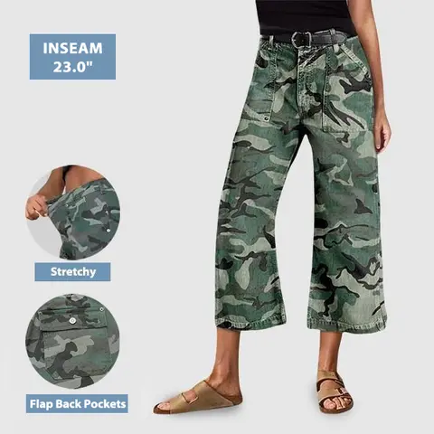 Flamingals Stretchy Camo Print Mid Waist Straight Leg Capri Pants Summer Vibes