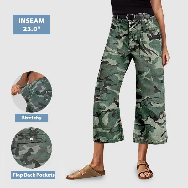 Flamingals Stretchy Camo Print Mid Waist Straight Leg Capri Pants Summer Vibes