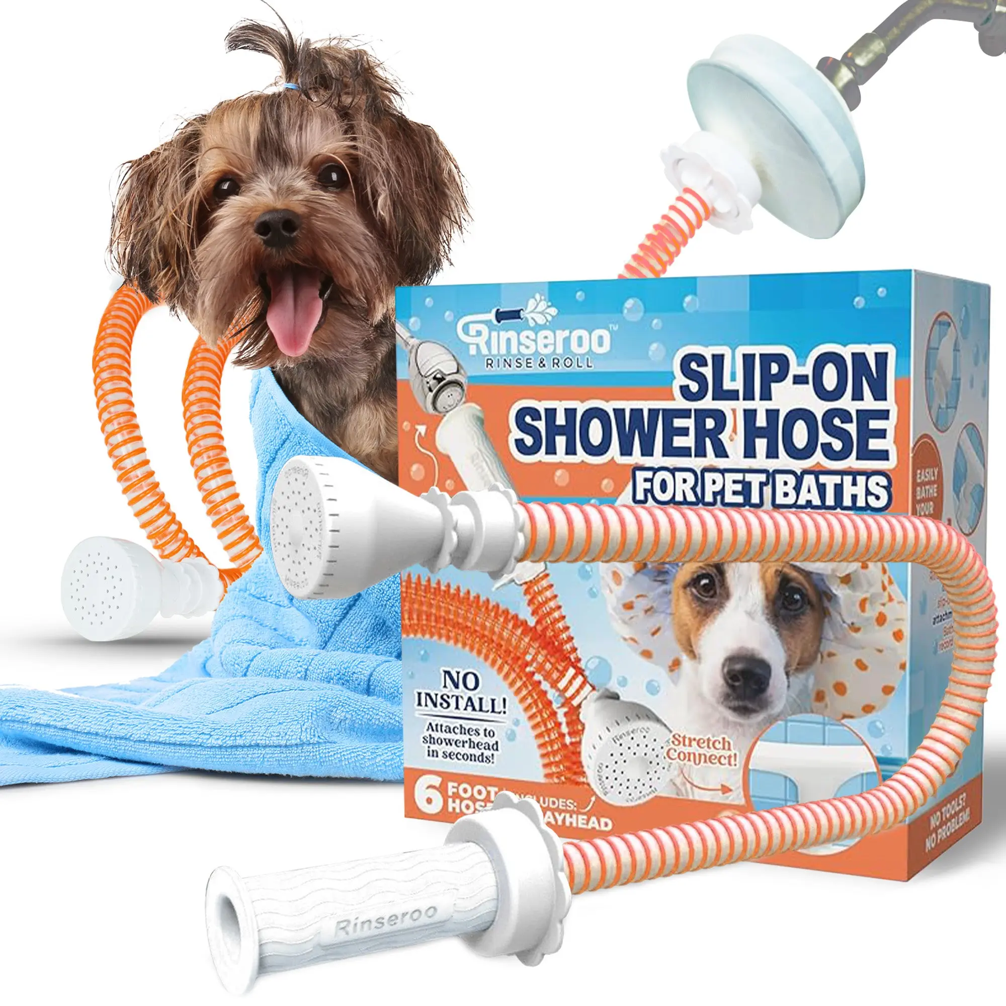 Rinseroo Slip-On Pet Bather- for Shower 6-Foot Flexible Hose- No Install Easy Pet Bathing Solution for Dogs | Lightweight Compact Design Portable Travel Friendly