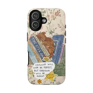 Everything Will Be Alright Phone Case - Cottagecore Aesthetic, Cat on Books & Whimsical Star Art Cover - Compatible with iPhone 17 Pro Max 16 15 14 13 12 11 & Samsung Galaxy S25 S24 S23 S22 S21