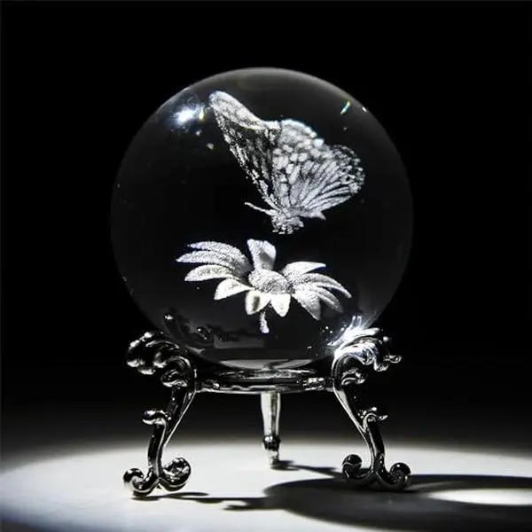 60mm Butterfly Crystal Ball Paperweight,3D Laser Engraved Butterfly on Sunflower in Glass Ball with Stand Decorative Butterfly Glass Sphere Home Decor Gifts for Women Girls